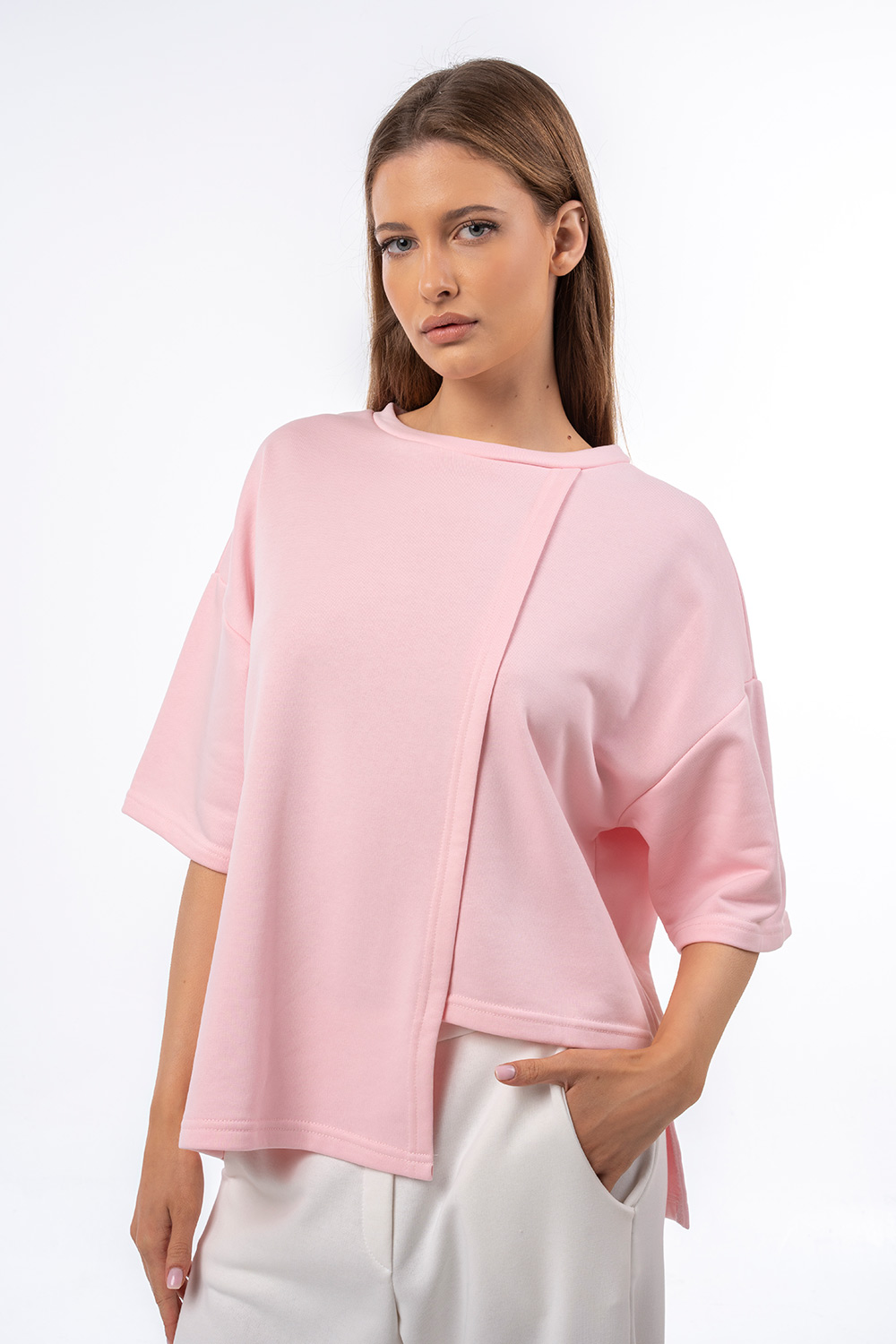 Μπλούζα φούτερ ασύμμετρη με τρουκάρ μανίκι