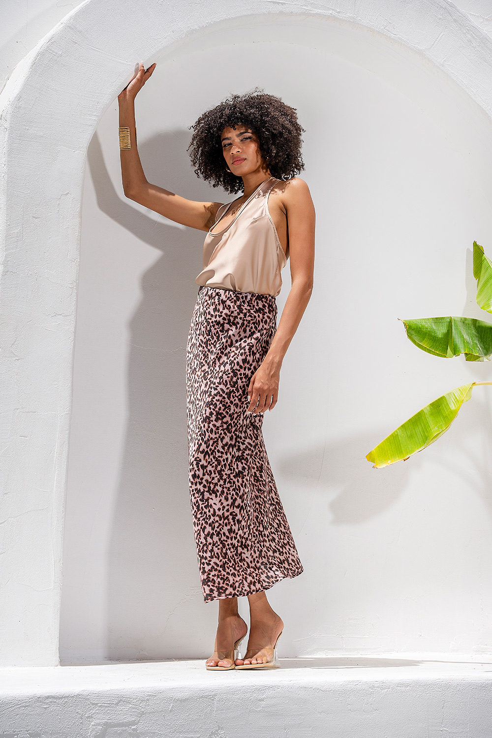 Σατέν Midi Φούστα με Leopard Print